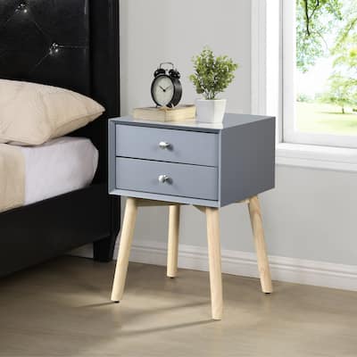Side Table,Bedside Table with 2 Drawers and Rubber Wood Legs, Mid-Century Modern Storage Cabinet for Bedroom Living Room