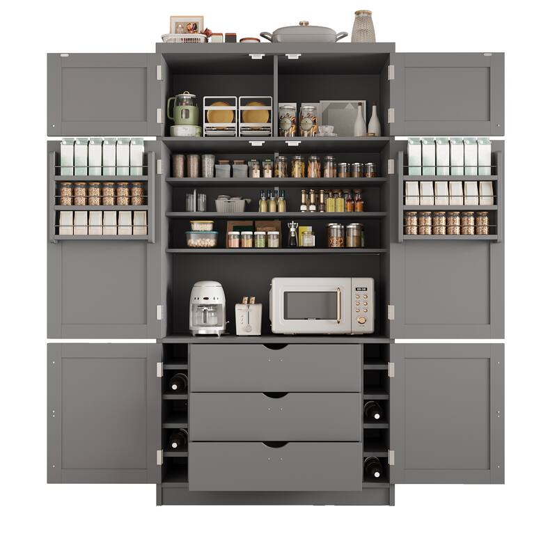Roomfitters 80 Inch Extra Tall Kitchen Pantry Cabinet with Power Outlets and Wine Rack, Shaker Style