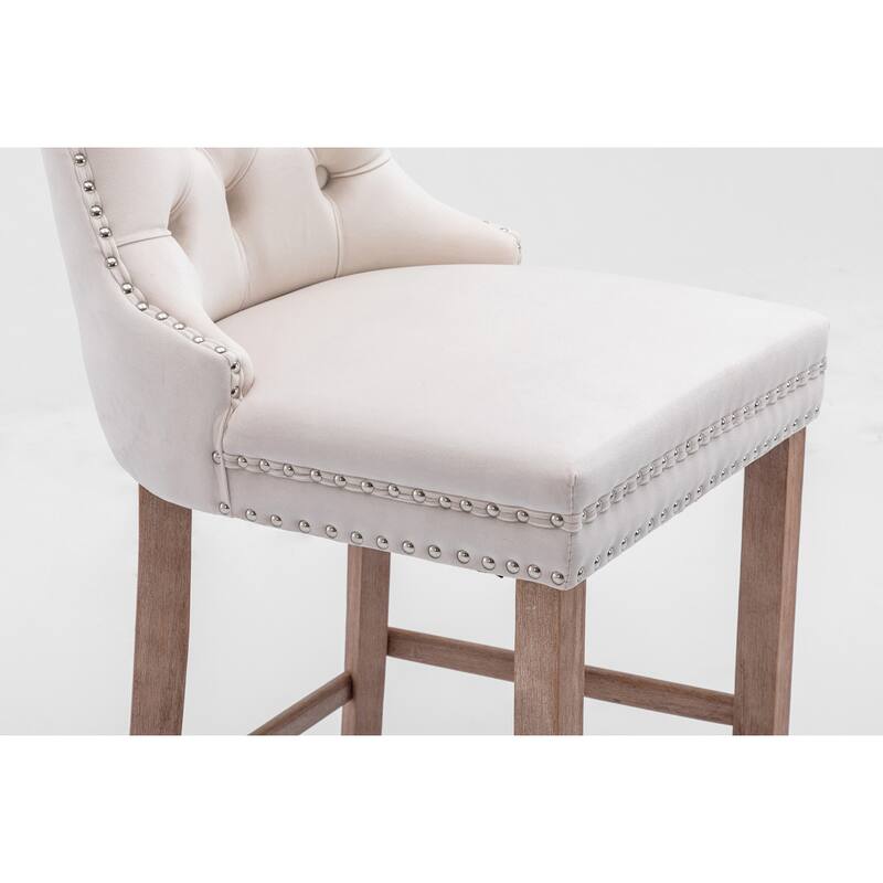 2 Velvet Upholstered Barstools with Button Tufted and Wooden Legs, and Chrome Nailhead Trim - N/A