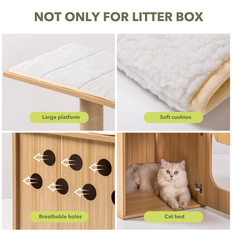 3-IN-1 Cat Litter Box Enclosure, Wooden Cat House with Cat Bed Hidden Cat Washroom Furniture with Scratching Post