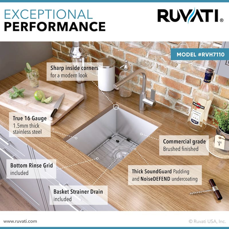 Ruvati 14-inch Undermount 16 Gauge Zero Raduis Bar Prep Kitchen Sink Stainless Steel Single Bowl - RVH7110