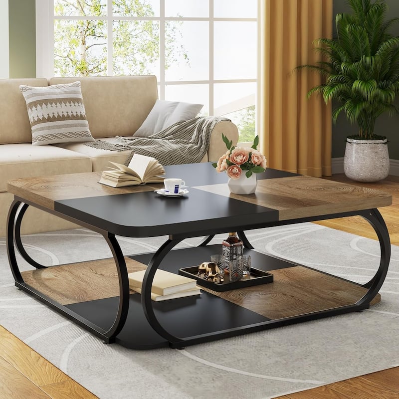 40" Square 2-Tier Coffee Table, Farmhouse Table with Wood Storage Shelf for Modern Living Room