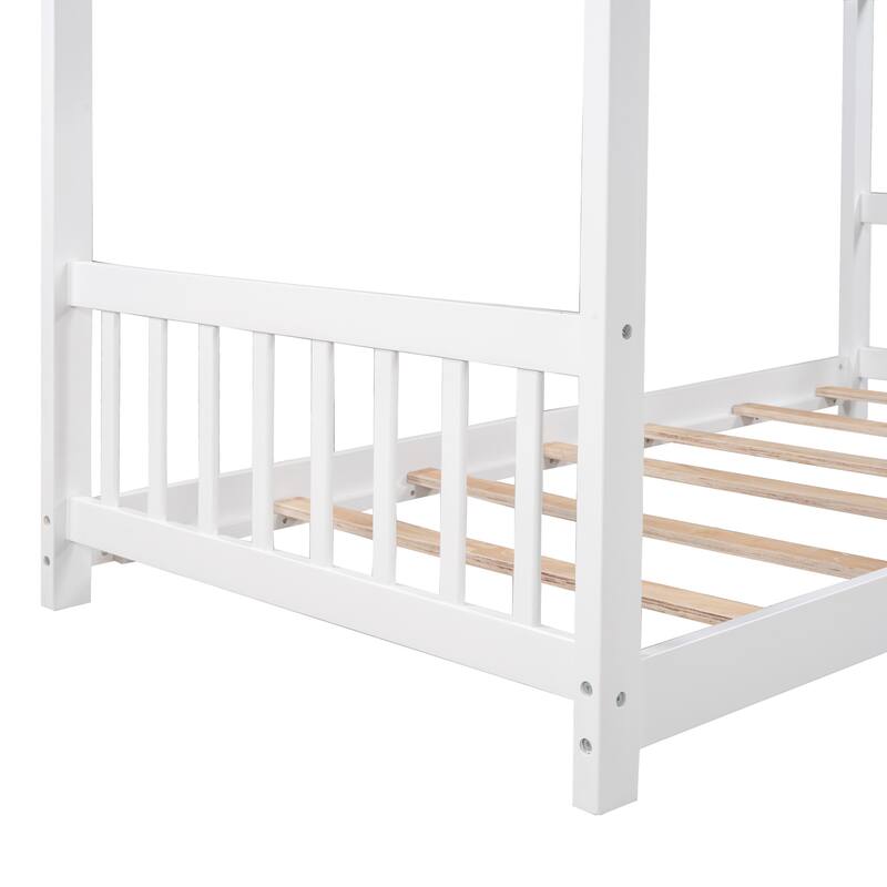 Twin Size House Platform Bed with Roof, Wooden Platform Bed with Headboard & Footboard, Wood Twin Bed Frame for Kids Boys Girls