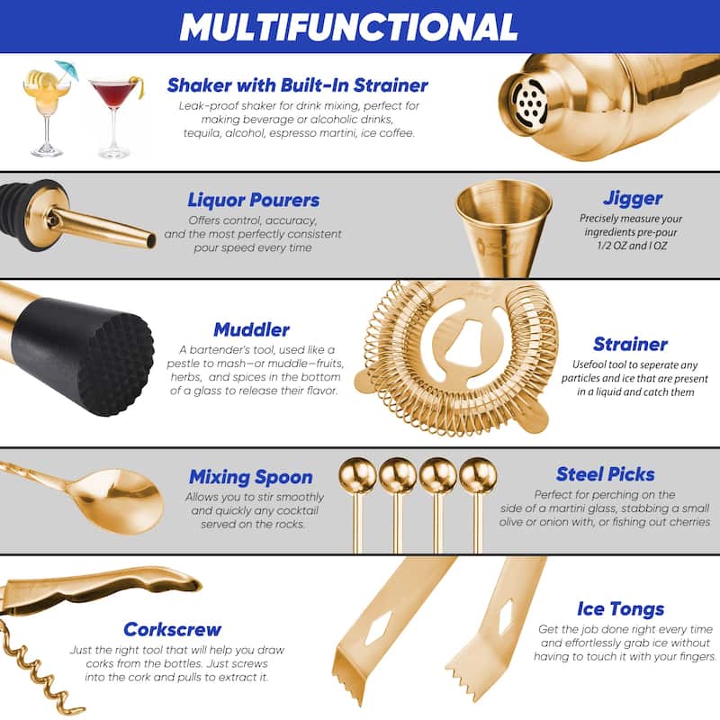 14 Piece Golden Mixology Bartender Kit - Bar Tool Set Cocktail Shaker
