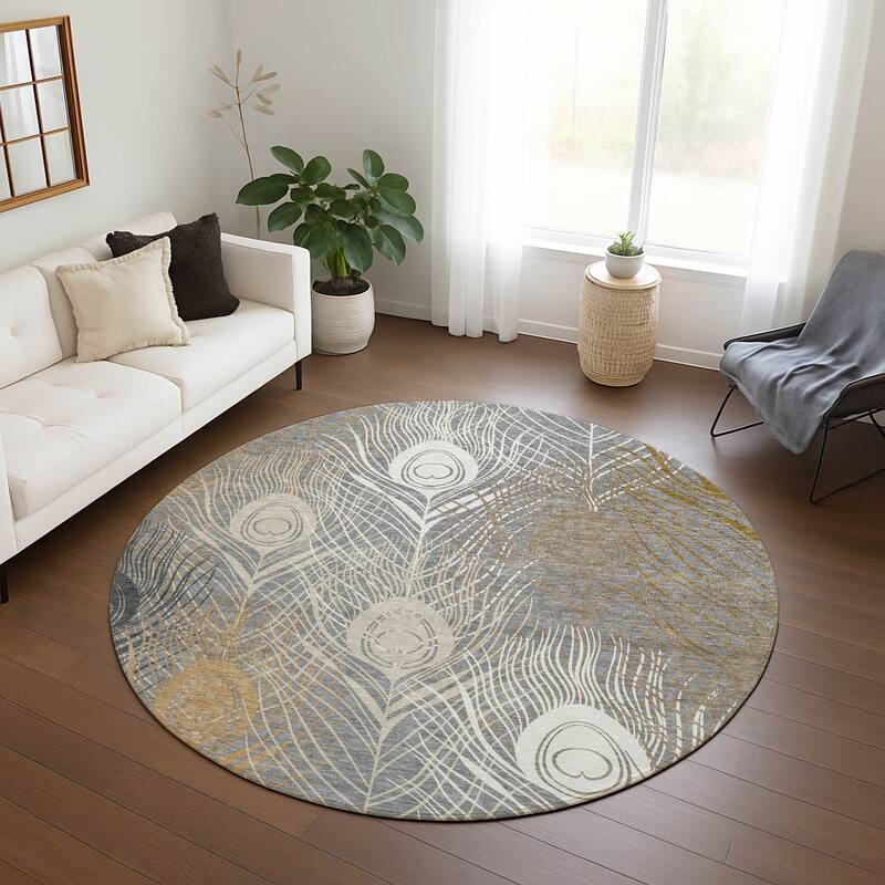 Machine Washable Indoor/ Outdoor Modern Peacock Chantille Rug