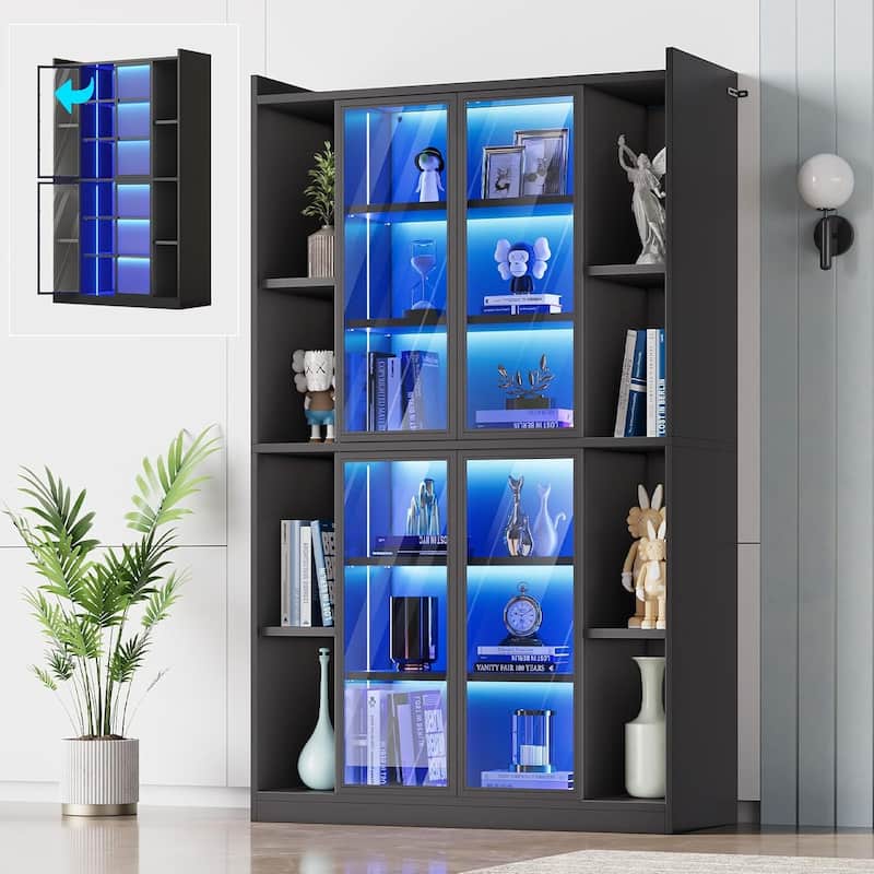 Display Cabinet Glass Doors 6 Tier Tall Bookcase LED Lights Curio Cabinet Adjustable Shelves