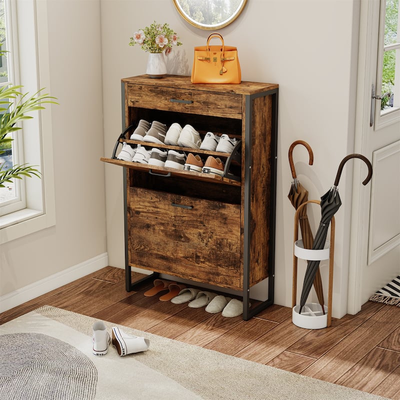 Wood Hidden Shoe Cabinet with 2 Flip Drawers for Hallway