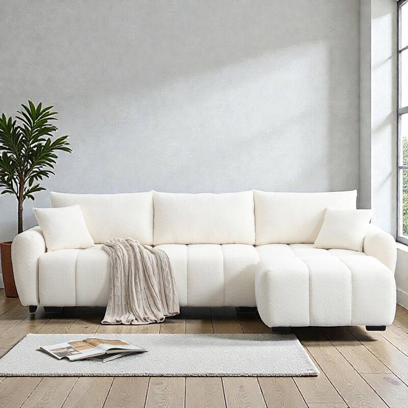 110" Modular L-Shaped Sectional Sofa with Ottoman, Boucle Fabric Couch, High Density Foam Seating - Cream