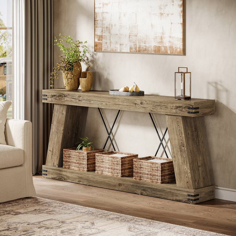 2-Tier Farmhouse Console Table, 70.9” Brown Entryway Table for Living Room - Large