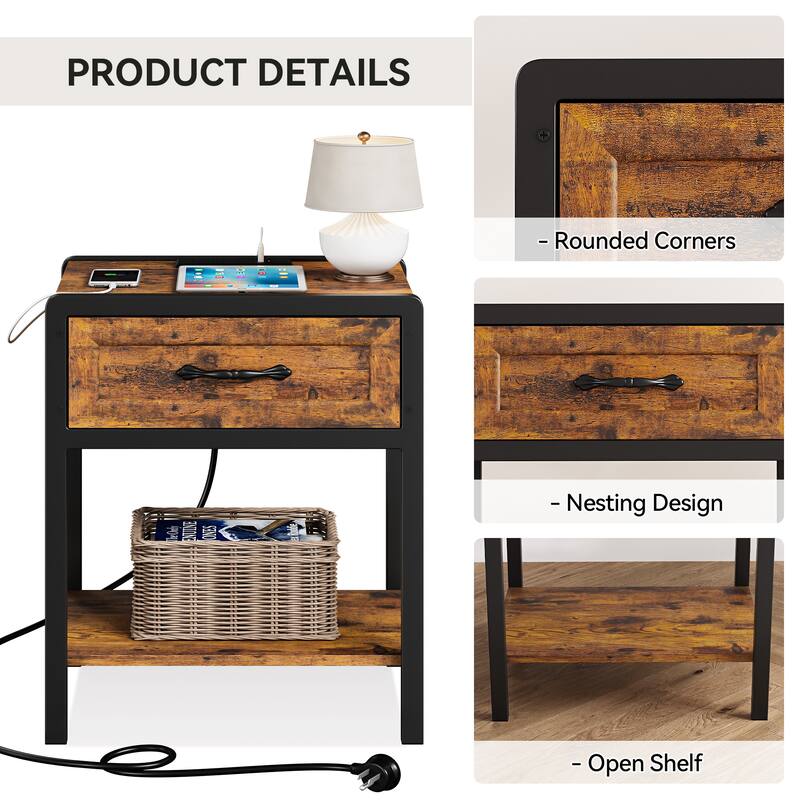 Nightstand with Charging Station Modern Side Table End Table with 1 Drawer