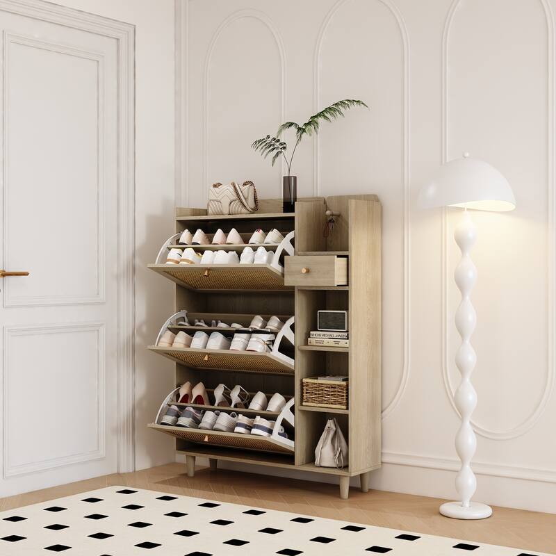 Shoe Rack Cabinet with 3 Rattan Flip Drawers,3 Square Shelves,1 Storage Drawer,Shoe Organizer with Mulit Storage Space and Hooks