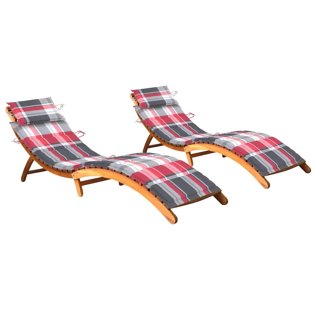 Two plaid sun loungers with light brown frames and matching cushions