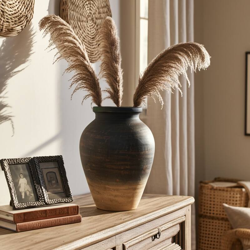 Decorative Round Pottery Vase for Home Decor - Dark Brown - 10.25"