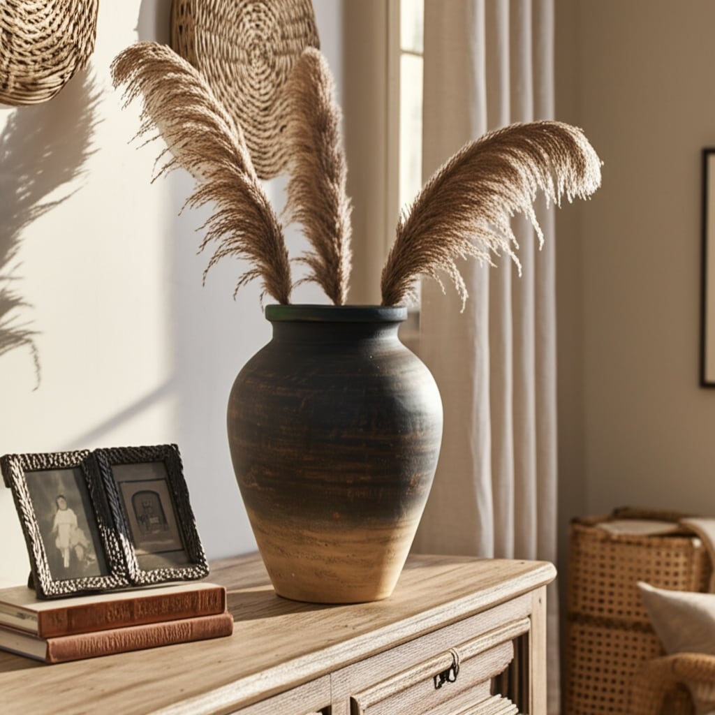 Decorative Round Pottery Vase - Rustic Boho Flower Vase