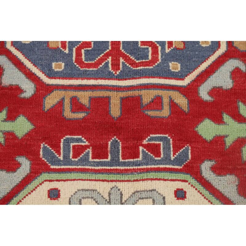 Geometric Red Kazak Oriental Runner Rug Hand-Knotted Wool Carpet - 3'4" x 6'7"