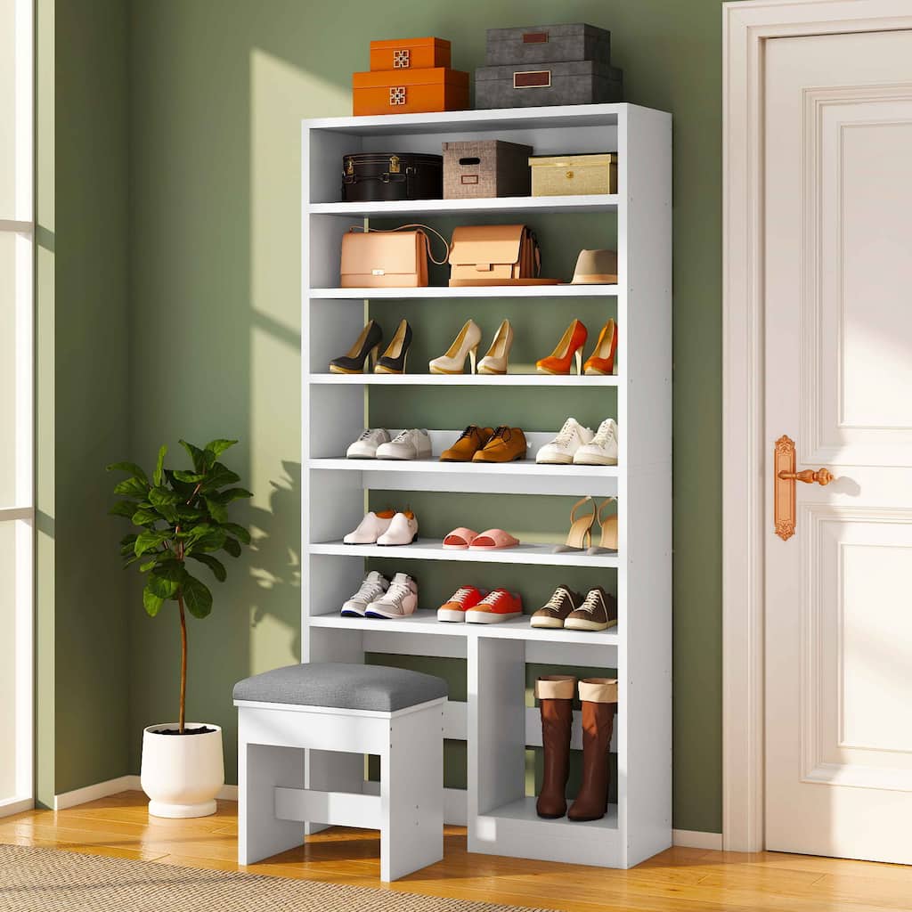 Moasis 8 Tiers Free Standing Shoe Cabinet with Hidden Bench, 70.9'' Tall Shoe Racks with Open Storage & High Boots Cubby