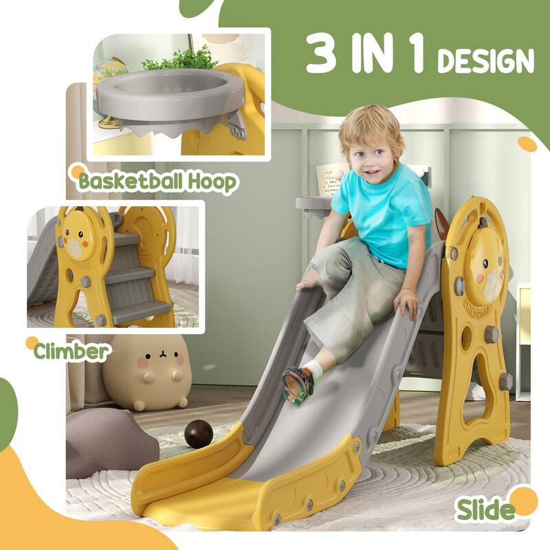 Toddler Slide, 3 in 1 Slide for Kids Ages 1-3 Years, Indoor Slide with Basketball Hoop, Climber, Duck Pattern, Yellow