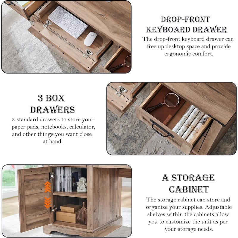 Farmhouse Desk, Wood Home Office Executive Desk with Charging Station