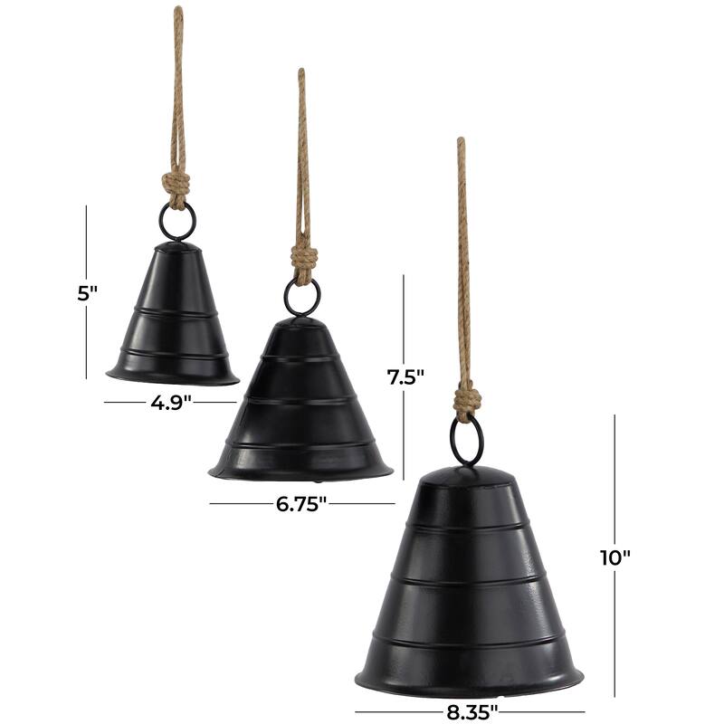 Gray, Red, Black or Bronze Metal Tibetan Inspired Decorative Cow Bell with Jute Hanging Rope (Set of 3)