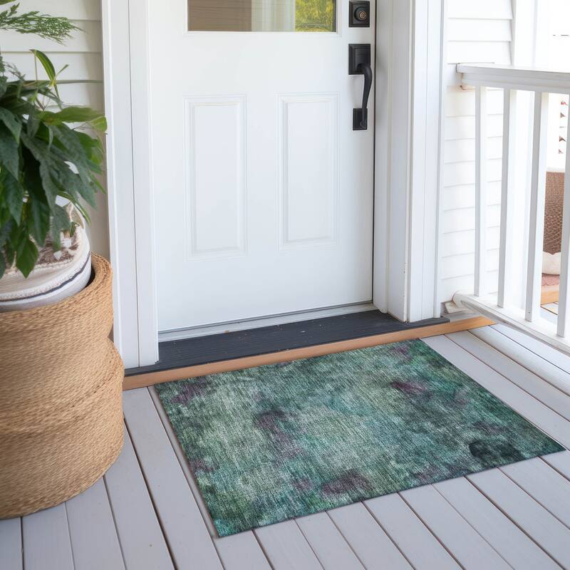 Machine Washable Indoor/ Outdoor Abstract Contemporary Chantille Rug - Teal - 1'8" x 2'6"