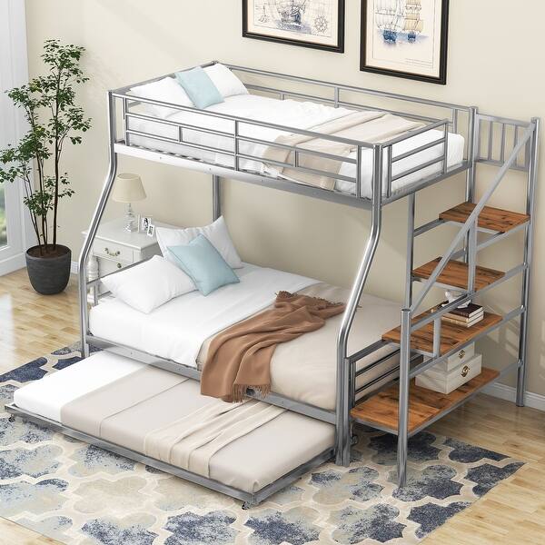 slide 2 of 16, Modern Concise Design Twin over Full Size Bunk Bed,Solid Metal Bed with Trundle and Storage Staircase Silver
