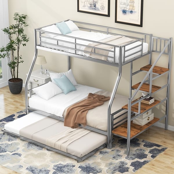slide 2 of 17, Twin over Full Size Metal Bunk Bed with Trundle and Storage Staircase, Silver Silver