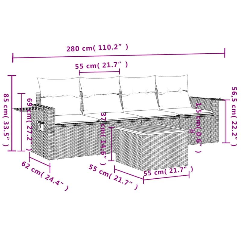 vidaXL Patio Sofa Set with Cushions Outdoor Furniture 5 Piece Poly Rattan - 21.7 x 21.7 x 14.6