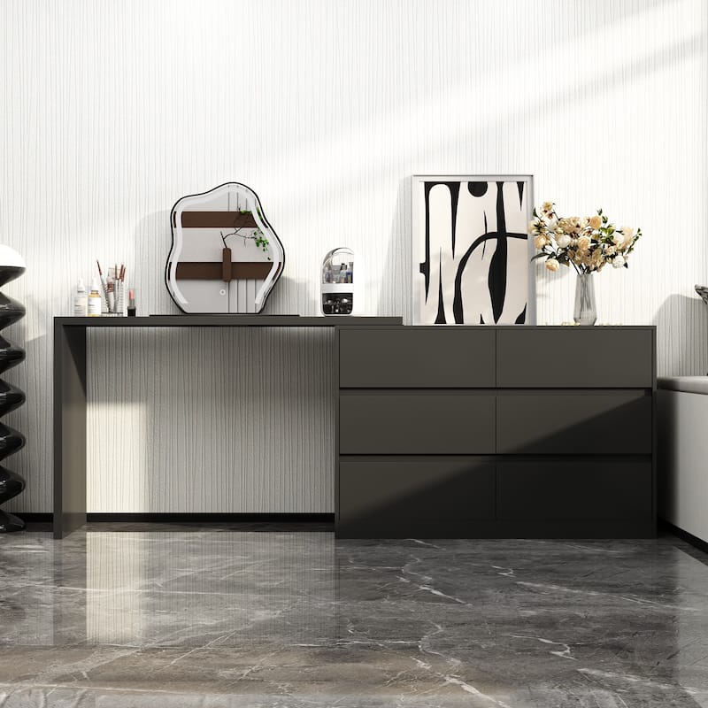 Makeup Desk Rotating Dresser and Desk 6 Drawer Dresser Vanity Makeup - Black