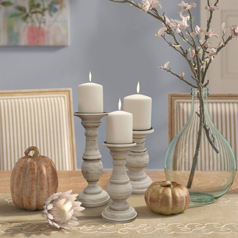 Solid Wood Candle Holder with Distressed Details,Set of 3