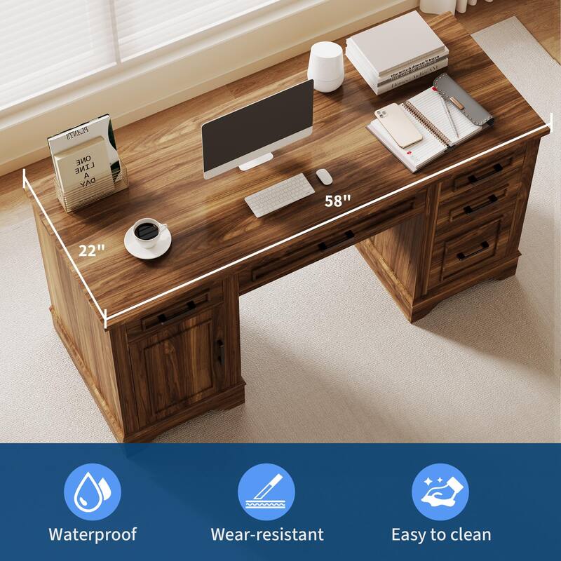 58 Inch Large Home Office Desk, Farmhouse Executive Desk with 5 Drawers & Cabinet, Modern Minimalist Wood Writing Table