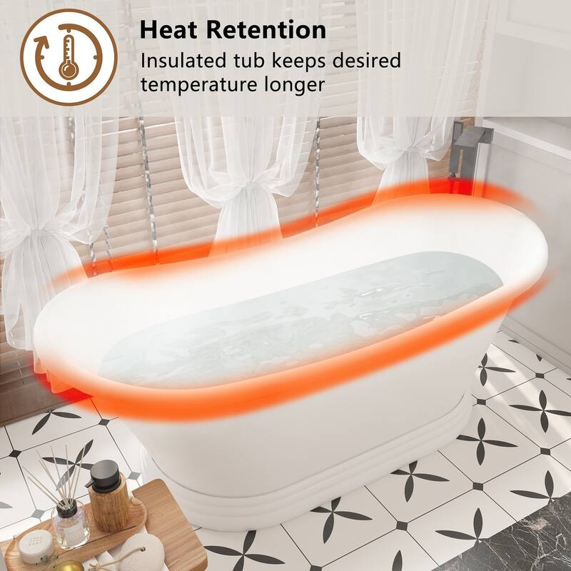 CASAINC 67 Inch Soaking Bathtub Solid Surface Stone Bathtub with Center Drain in Matte White - 67 Inch