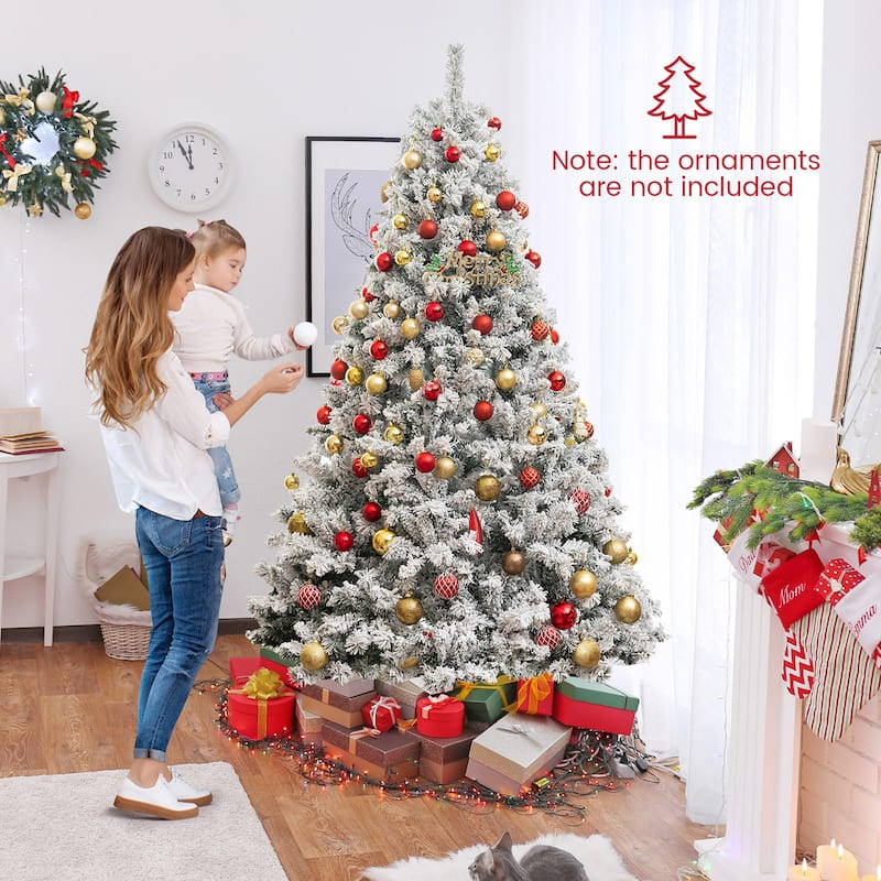 Gymax 6/7/8 FT Pre-Lit Snow-Flocked Xmas Tree 3-Minute-Setup