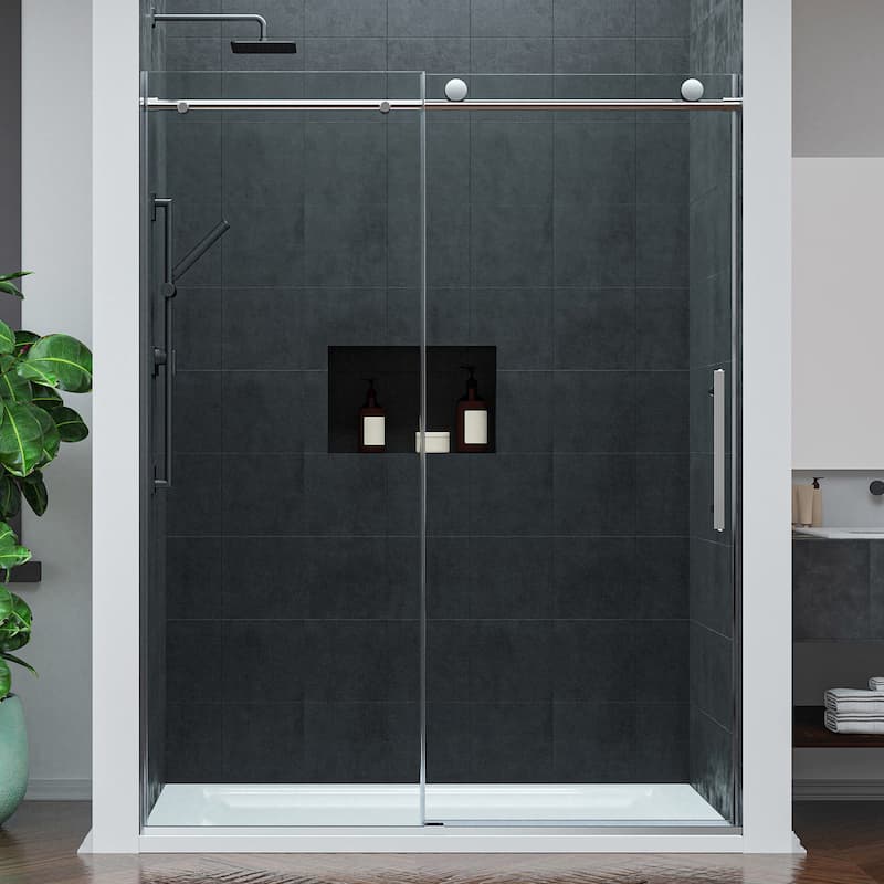 Mountain 60-inch Reversible Frameless Sliding Deco-Glass Shower Door with Soft-Close System - Brushed Nickel