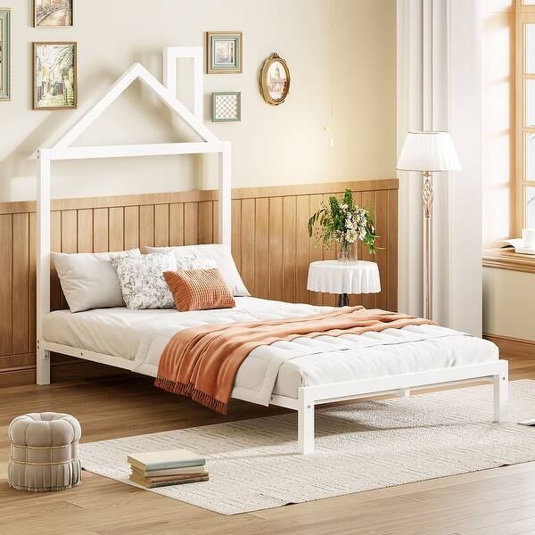 slide 2 of 27, Twin Size Metal Platform Bed with House-Shaped Headboard Twin - White