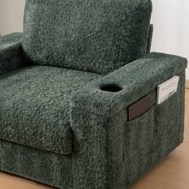 42" Oversized Green Faux Fur Chaise Lounge Sofa Bed with Storage, Cup Holders for Indoor Use