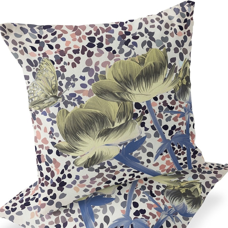 HomeRoots Set of Two 16" X 16" Blue and Yellow Butterfly Blown Seam Floral Indoor Outdoor Throw Pillow