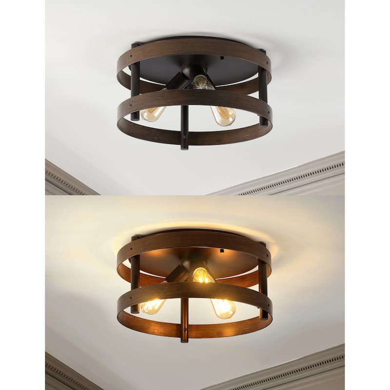 Paulina 16" 3-Light Farmhouse Industrial Iron LED Flush Mount, Brown Wood Finished/Oil Rubbed Bronze by JONATHAN Y