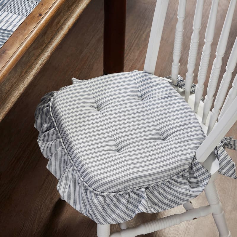 Sawyer Mill Black Ticking Stripe Ruffled Chair Pad 16.5x18 - Blue