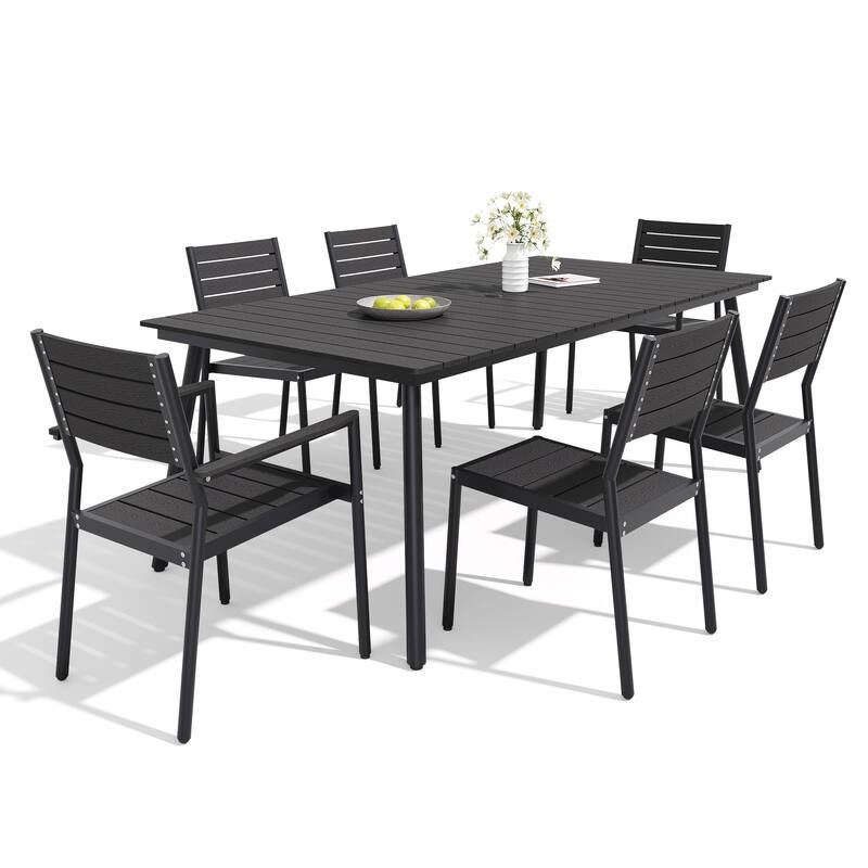 7-Piece Outdoor Patio Dining Set Wood-Like Table Top Alumium Umbrella Hole Table with Stackable Dining Chairs