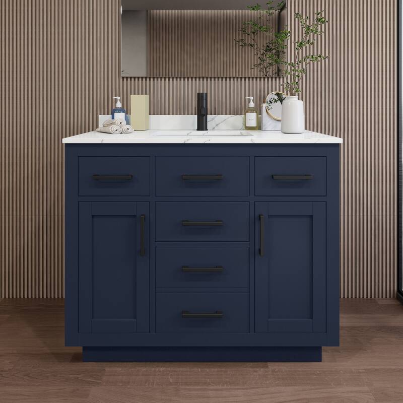 Wyndham Collection WCG262642S-QTZ-UNSMXX Beckett TK 42" Free Standing - Dark Blue / Giotto Quartz Top / Matte Black