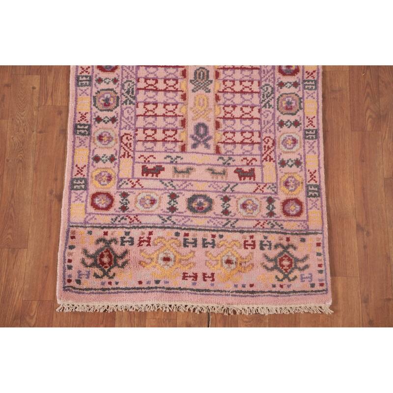 Tribal Pink Geometric Khotan Oriental Runner Rug Handmade Wool Carpet - 2'5"x 9'11"