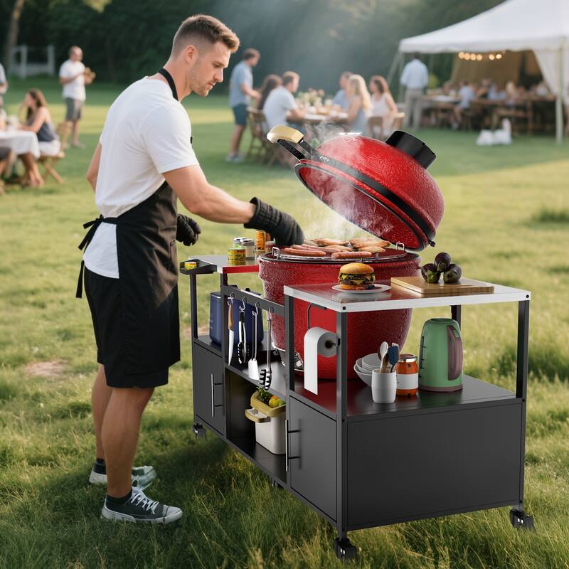 Outdoor BBQ Grill Cart with Storage Box for Kamado Style Grills - 67.1” x 27.7” x 30.5”