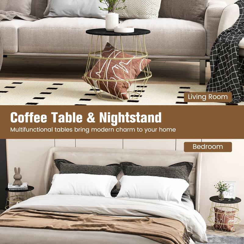 Modern Round Coffee Table with Gold Metal Frame and Storage - 16" x 16" x 15"