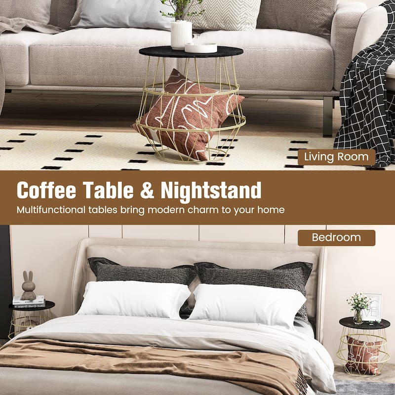 Modern Round Coffee Table with Gold Metal Frame and Storage - 16" x 16" x 15"