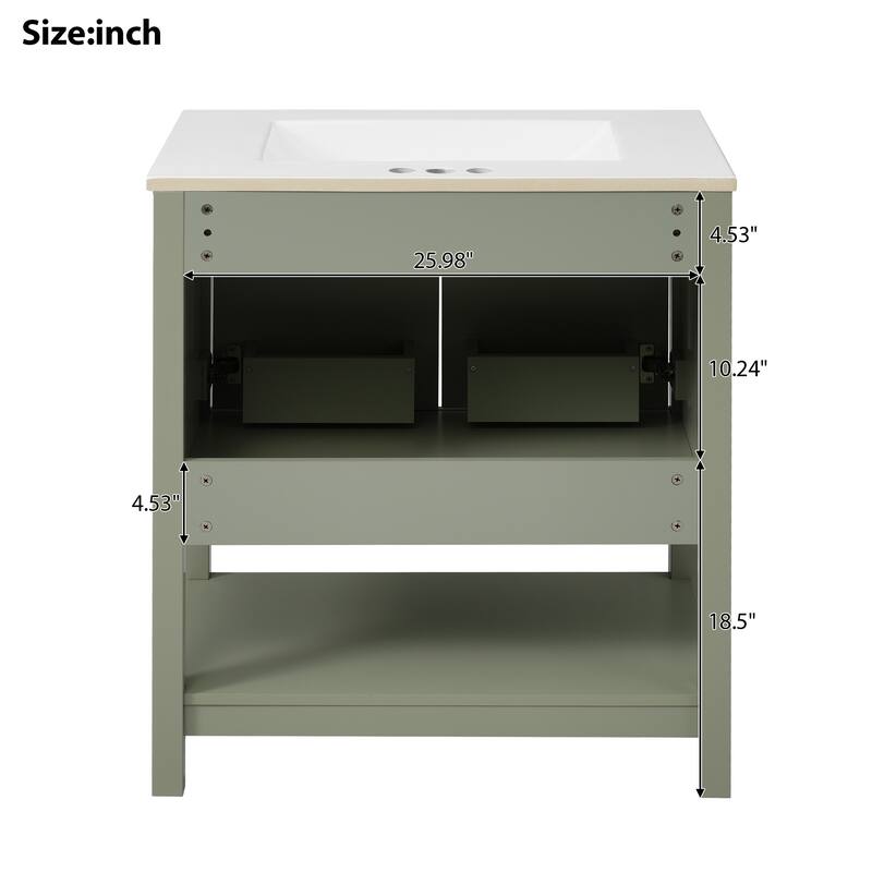 30" Freestanding Bathroom Vanity with Ceramic Sink, Gold Handles, Open Shelf, Soft-Close Doors, Small Space Design