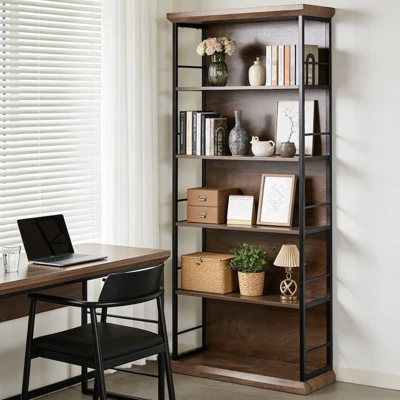 70.86" H 5-Tier Modern Bookcase | Wood & Metal Storage Shelf for Living Room & Office