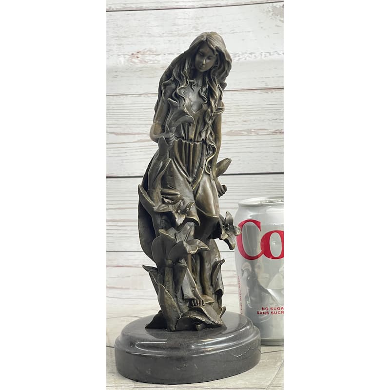 Nymph Girl Among The Flowers Bronze Sculpture Statue Figure On Marble Base