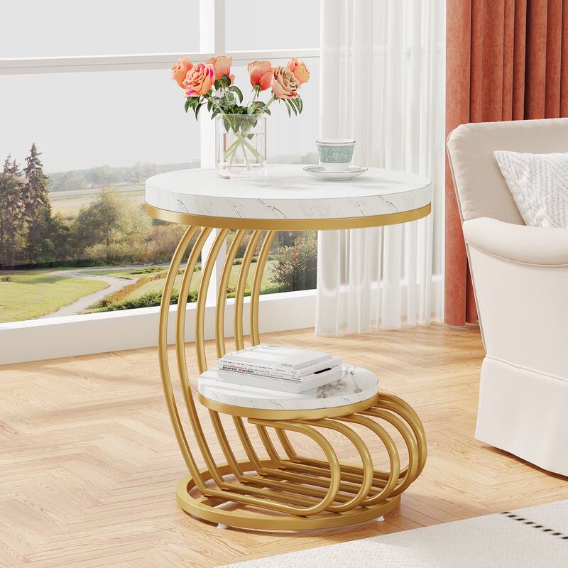 Gold Round End Table, 2 Tiers Side Table with White Faux Marble Top - 1 Pc