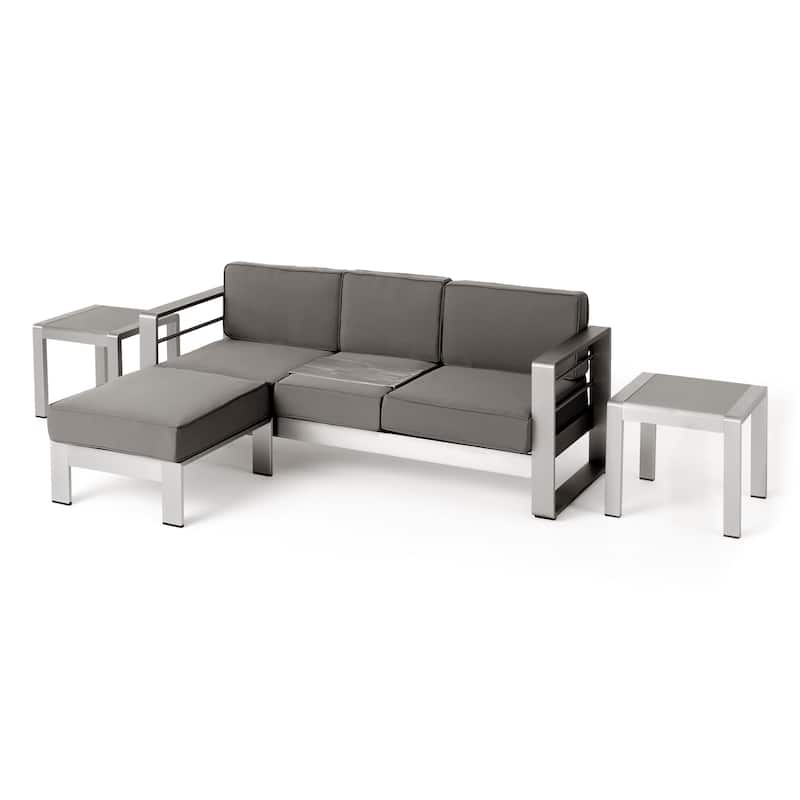 Cape Coral Outdoor 3 Seater Aluminum Sofa and Ottoman Set with Side Tables by Christopher Knight Home - Silver+Khaki