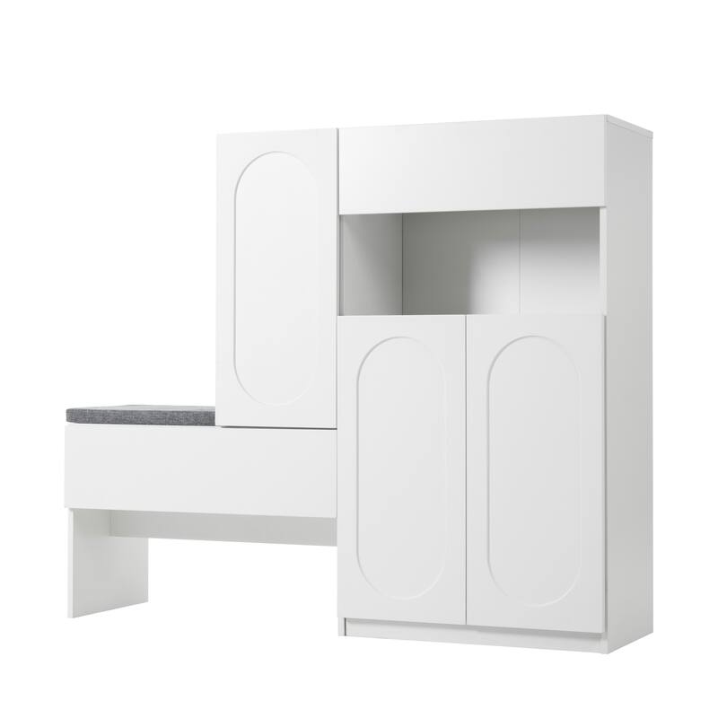 Modern Storage Bench with Arched Doors & Rebound Devices, Versatile Shoe Rack Organizer with Adjustable Shelves